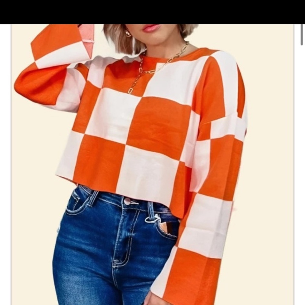 Papermoon Orange & White Cropped Checkered Flare Sleeve Knit Sweater – Size M
